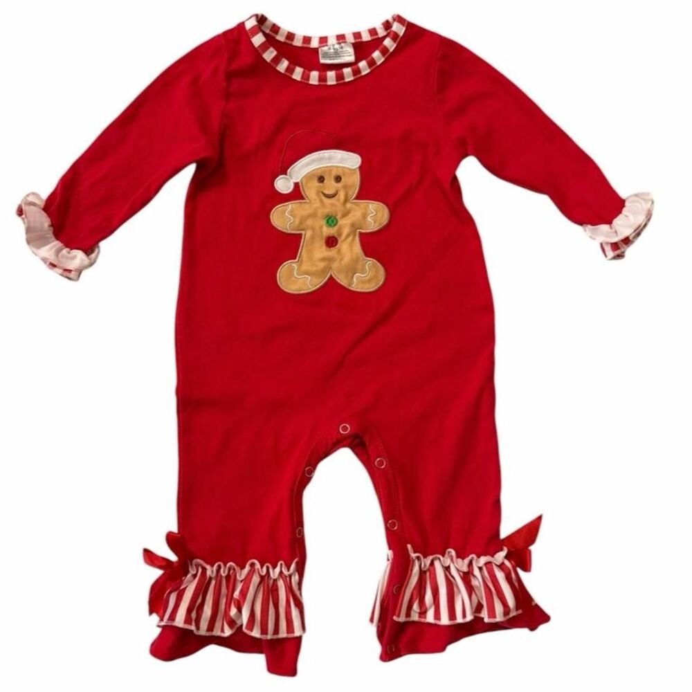 Red Christmas baby romper with white stripes and gingerbread man graphic